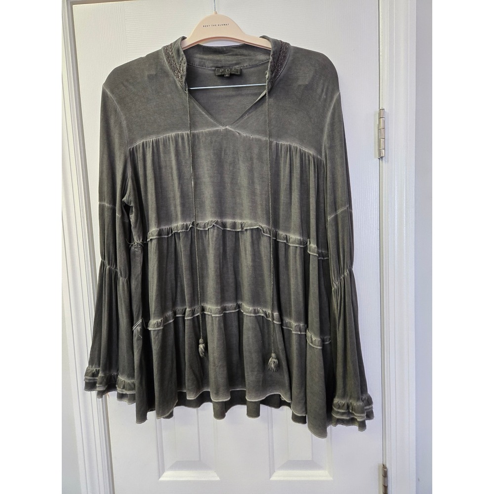 Pol Gray Mineral Wash Tiered Babydoll Tunic Top Long Bell Sleeve Tassel Boho M